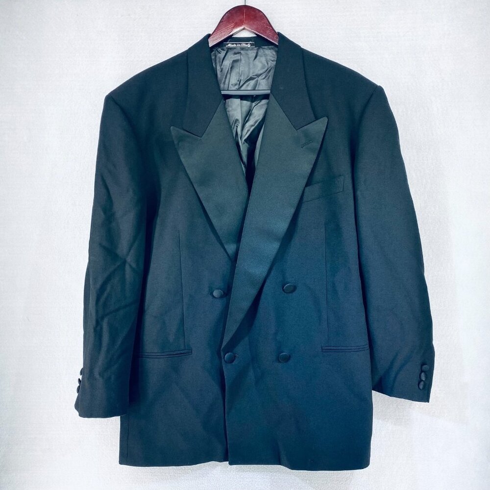 Vintage Hugo Boss Blazer Mens 44R Black Wool Double Breasted Jacket Tuxedo